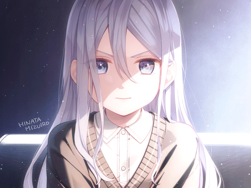 1girl closed_mouth dress_shirt grey_eyes grey_hair grey_sweater hinata_mizuiro long_hair looking_at_viewer project_sekai shirt solo straight_hair sweater upper_body white_shirt yoisaki_kanade