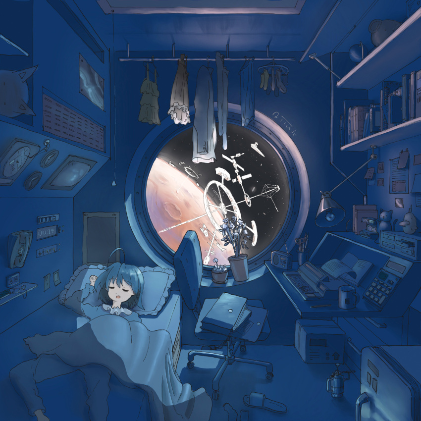 1girl absurdres antenna_hair bed bed_sheet blue_hair blue_pajamas blue_theme bookshelf box chair closed_eyes corded_phone cup highres indoors lamp lefko_d original pajamas phone planet radio scissors short_hair sleeping slippers socks space spacecraft tea