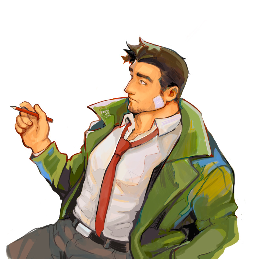 1boy ace_attorney adam's_apple bandage_on_face bandages belt black_belt black_hair closed_mouth coat collarbone collared_shirt dick_gumshoe english_commentary facial_hair goatee green_coat grey_pants highres holding holding_pencil long_sleeves looking_ahead loose_necktie male_focus mature_male messyinklines necktie pants pencil red_necktie revision shirt short_hair sideburns signature solo white_background white_shirt