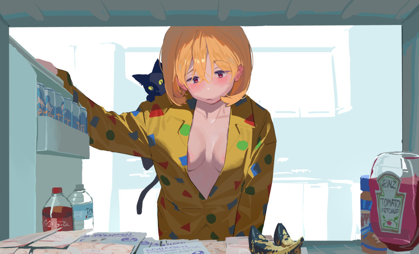 1girl banana blonde_hair breasts cat coca-cola food fruit hair_between_eyes half-closed_eyes heinz highres medium_breasts medium_hair nipple_slip nipples open_clothes original pajamas red_eyes refrigerator sekoshi_(some1else45) sleepy some1else45 standing yellow_pajamas