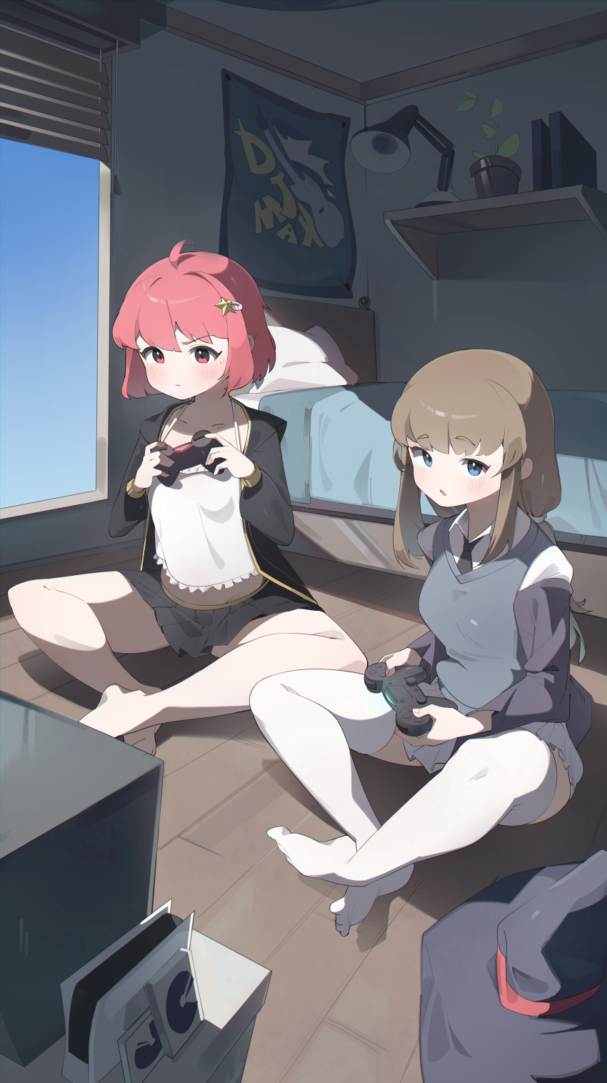 2girls absurdres ahoge bed blue_eyes blush brown_hair bullet_(bullet0701) character_request collarbone commission controller desk_lamp djmax djmax_respect game_console game_controller hair_ornament hairclip hat highres lamp multiple_girls necktie pleated_skirt red_eyes red_hair rophe_(djmax) shirt skirt television thighhighs white_shirt white_thighhighs
