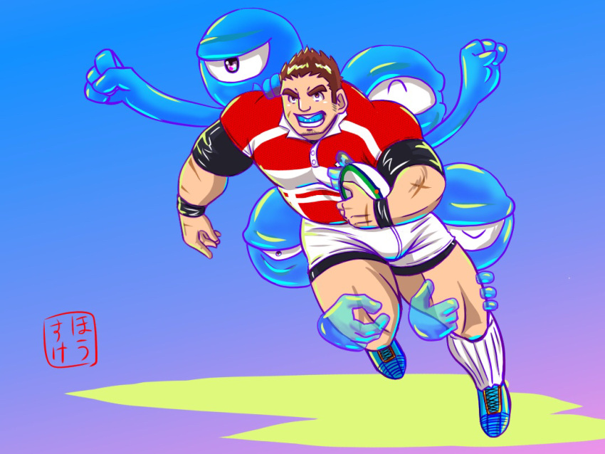 1boy ball bara brown_hair bulge facial_hair faux_figurine full_body goatee housuke67 large_pectorals male_focus muscular muscular_male pectorals rugby rugby_ball rugby_uniform running scar short_hair solo spiked_hair spirit sportswear stubble tamamura_gunzo thick_eyebrows thick_thighs thighs tokyo_afterschool_summoners