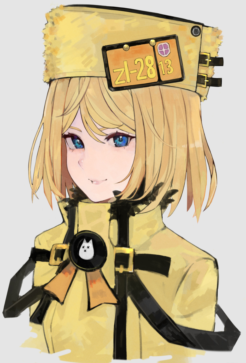 1girl alternate_hairstyle blonde_hair blue_eyes blush fur_hat guilty_gear guilty_gear_strive hat highres levvellevvel long_sleeves looking_at_viewer medium_hair millia_rage smile ushanka yellow_hat