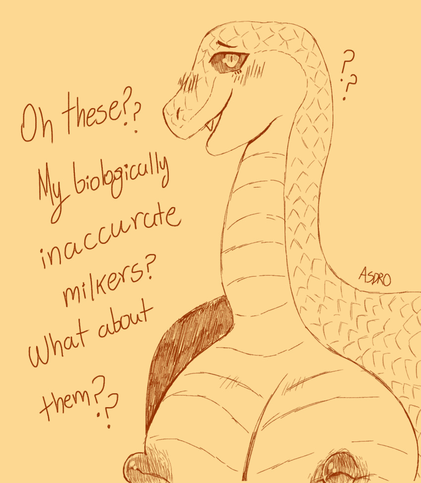 ambiguous_gender anthro asdro_(artist) big_breasts breasts erect_nipples female flustered hairless hi_res long_neck meme nipples oh_these? reptile scales scalie snake solo text