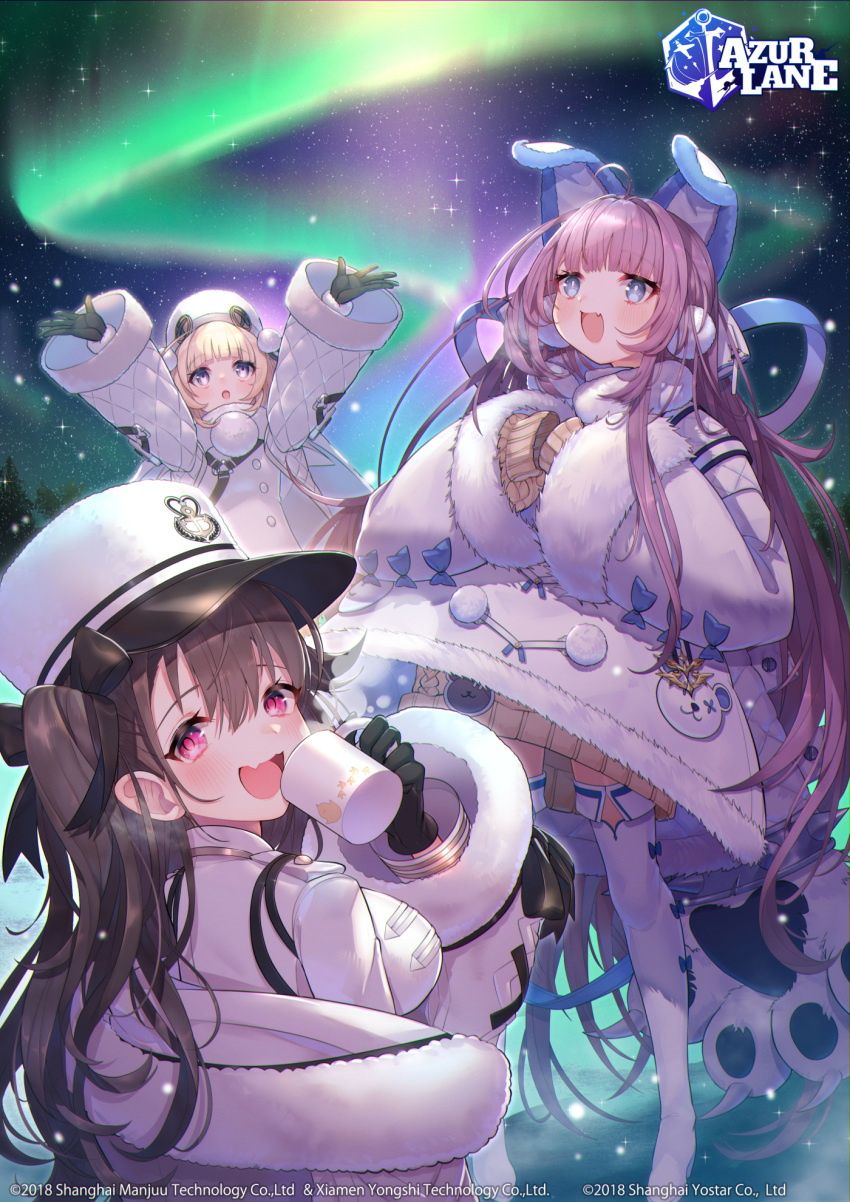 3girls :d animal_ears animal_print arms_up aurora azur_lane bangs bear_paws bear_print black_gloves black_hair blonde_hair blue_eyes blunt_bangs blush breasts brown_sweater button_eyes coat coat_dress commentary_request cup eyebrows_visible_through_hair fake_animal_ears fang full_body fur-trimmed_coat fur-trimmed_sleeves fur_trim gloves grozny_(azur_lane) hair_between_eyes hair_ornament hair_ribbon hat highres holding holding_cup large_breasts logo long_hair long_sleeves looking_at_viewer looking_up multiple_girls night night_sky official_art open_mouth outdoors padded_coat pamiat_merkuria_(azur_lane) pom_pom_(clothes) purple_eyes purple_hair ribbon russian_clothes shirt short_hair sidelocks skin_fang sky smile standing sweater tashkent_(azur_lane) thighhighs toshi_gahara very_long_hair very_long_sleeves visible_air watermark white_coat white_headwear white_legwear winter_clothes