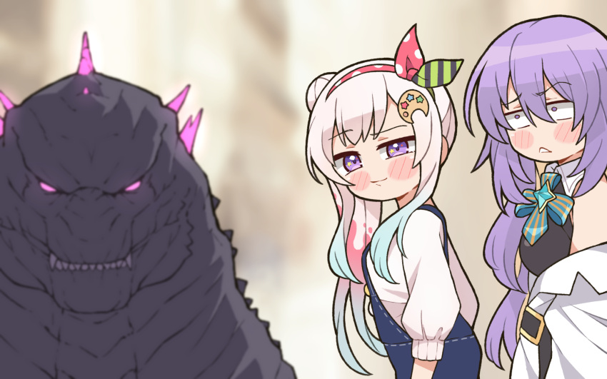 2girls airani_iofifteen blush_stickers denim_overalls distracted_boyfriend_(meme) godzilla godzilla_(monsterverse) godzilla_(series) hair_bun hairband highres hololive hololive_indonesia jacket kaijuu kukie-nyan long_hair meme moona_hoshinova multiple_girls palette_hair_ornament pink_hair purple_eyes purple_hair side_ponytail sweater virtual_youtuber white_jacket