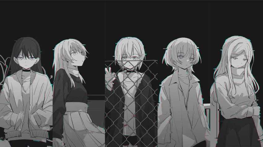 5girls absurdres bakookami bang_dream! bang_dream!_it's_mygo!!!!! chain-link_fence chihaya_anon choker chromatic_aberration column_lineup commentary_request fence glitch grabbing_own_arm greyscale hair_between_eyes hands_in_pockets highres jacket kaname_raana long_hair looking_at_viewer mole mole_under_eye monochrome multiple_girls mygo!!!!!_(bang_dream!) nagasaki_soyo open_clothes open_jacket parted_bangs pleated_skirt shiina_taki shirt short_hair sidelocks skirt sweater takamatsu_tomori turtleneck turtleneck_sweater wolf_cut