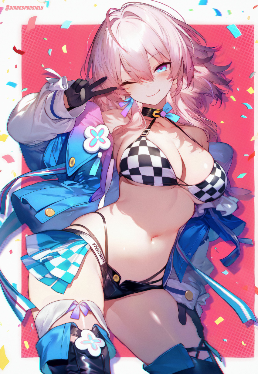 absurdres astral_express_(honkai:_star_rail) asymmetrical_bodysuit bikini black_choker black_corset blue_jacket choker corset cropped_jacket dirresponsibly earrings flower_ornament highleg highleg_bikini highres honkai:_star_rail honkai_(series) jacket jewelry looking_at_viewer march_7th_(honkai:_star_rail) medium_hair mihoyo multicolored_eyes one_eye_closed pink_hair race_queen racetrack red_background shrug_(clothing) single_earring sparkle swimsuit tied_jacket two-tone_bikini two-tone_eyes v white_background