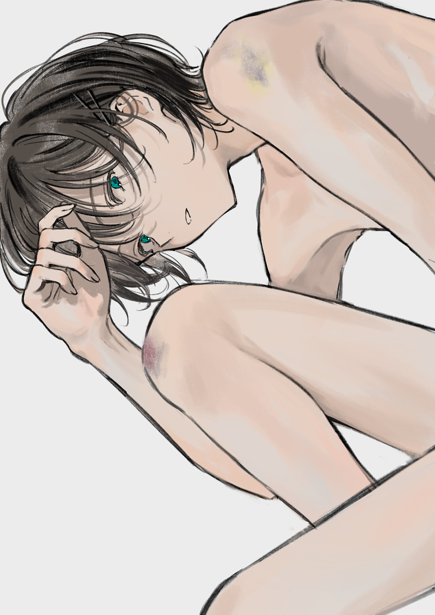 1boy aqua_eyes black_hair bruise_on_leg bruise_on_shoulder dm_owr from_side hand_to_forehead highres knees_up looking_at_viewer male_focus multiple_hairpins original parted_lips short_hair simple_background solo