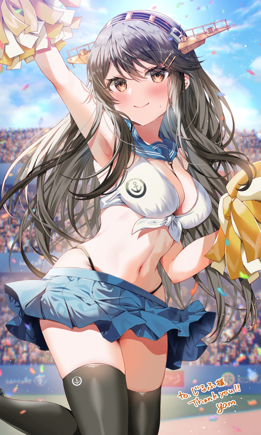 1girl absurdres arm_up armpits black_hair black_thighhighs blue_sailor_collar blue_skirt blush breasts cheerleader cleavage closed_mouth commission floating_hair haruna_(kancolle) highres holding holding_pom_poms kantai_collection long_hair looking_up medium_breasts navel outdoors pom_pom_(cheerleading) sailor_collar skeb_commission skirt smile standing standing_on_one_leg stomach sweat thighhighs yam_(yamap_mako) yellow_eyes zettai_ryouiki