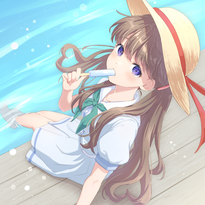 1girl absurdres aqua_neckerchief blurry bokeh brown_hair collarbone commentary_request day depth_of_field dress eating food food_in_mouth from_above fujishima_megumi hasu_no_sora_school_uniform hat hat_ribbon heart heart_hair highres holding holding_food holding_popsicle link!_like!_love_live! long_hair looking_at_viewer love_live! medium_dress neckerchief outdoors pleated_dress popsicle purple_eyes red_ribbon ribbon sailor_collar sailor_dress school_uniform short_sleeves sitting soaking_feet solo straw_hat summer_uniform sun_hat two_side_up virtual_youtuber water white_dress white_sailor_collar wooden_floor yutuki_ame