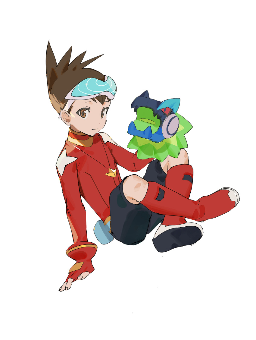 1boy black_shorts boots brown_eyes brown_hair eyewear_on_head geo_stelar_(mega_man) hand_puppet highres mayutsuba_mono mega_man_(series) mega_man_star_force omega-xis_(mega_man) puppet red_footwear red_shirt shirt short_hair shorts simple_background solo white_background