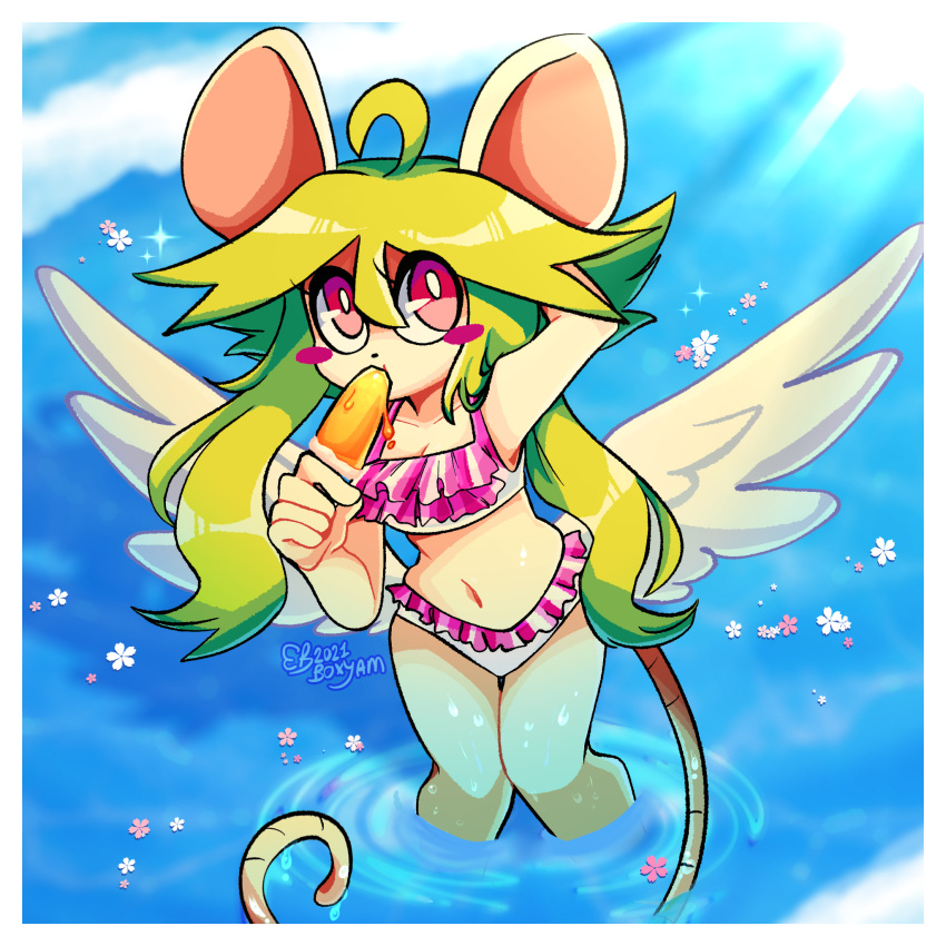 1girl ahoge alternate_costume animal_ears arm_behind_head bikini blush_stickers boxyam breasts cleavage commentary english_commentary feathered_wings flower food frilled_bikini frills green_hair hair_between_eyes highres ice_cream looking_up mad_rat_dead mouse_ears mouse_girl mouse_tail navel ocean rat_god_(mad_rat_dead) red_eyes sidelocks small_breasts solo swimsuit tail wet white_bikini wings