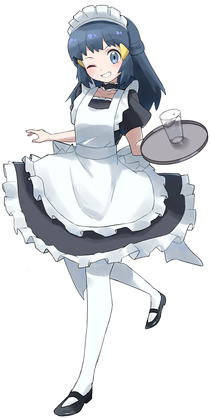 1girl absurdres alternate_costume apron black_dress black_footwear black_hair commentary_request dawn_(pokemon) dress enmaided eyelashes full_body glass grey_eyes grin hair_ornament hairclip highres holding holding_tray long_hair looking_at_viewer maid neck_garter one_eye_closed pantyhose pokemon pokemon_dppt rihitonn shoes short_sleeves sidelocks simple_background smile solo teeth tray water white_apron white_background white_pantyhose