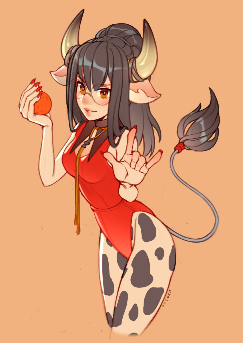 1girl artist_name bare_arms bare_shoulders breasts brown_background cow_girl cow_horns cow_tail cropped_legs deviantart_sample food fruit glasses green_eyes hair_ornament hairclip highres holding holding_food horns image_sample leotard long_hair medium_breasts nail_polish orange_(fruit) original oxcoxa pantyhose parted_lips red_leotard red_nails round_eyewear smile solo tail teeth