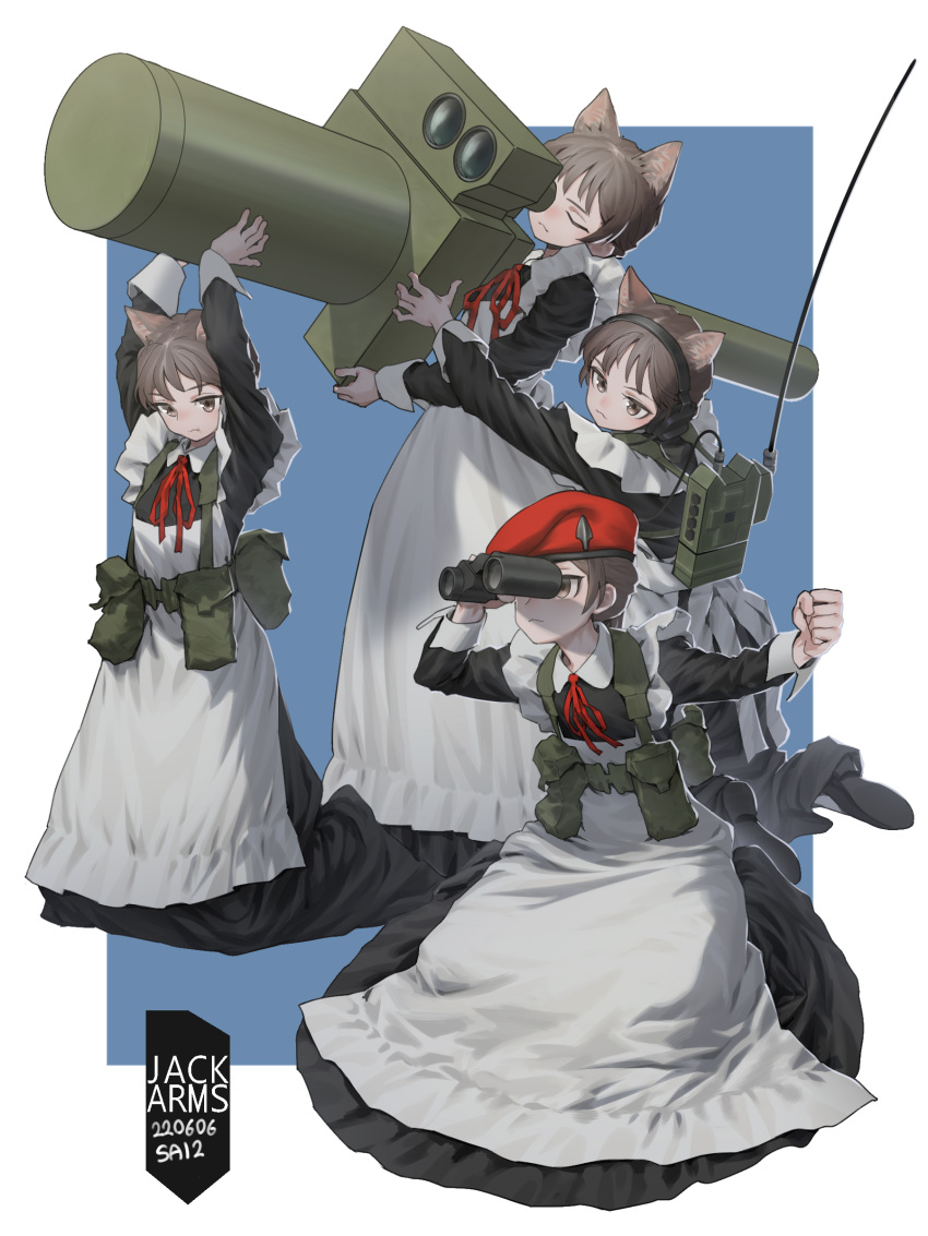 4girls absurdres aiming animal_ears apron backpack bag beret binoculars black_dress brown_eyes brown_hair cat_ears clenched_hand dress flat_chest hat headset highres holding holding_binoculars holding_rocket_launcher holding_weapon huge_weapon jack_arms kneeling long_dress maid maid_apron making-of_available multiple_girls original photo-referenced radio_antenna red_hat rocket_launcher short_hair weapon white_apron wrist_cuffs