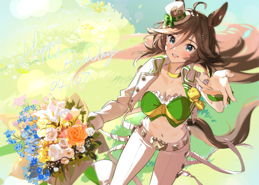 1girl :d ahoge animal_ears blue_eyes bouquet brown_hair choker commentary_request crop_top flower grass green_shirt happy_birthday hat horse_ears jacket long_hair looking_at_viewer midriff mini_hat mini_top_hat misu_kasumi mr._c.b._(umamusume) navel open_clothes open_jacket open_mouth orange_flower orange_rose pants rose shirt smile solo standing stomach strapless strapless_shirt top_hat umamusume very_long_hair white_hat white_jacket white_pants yellow_choker