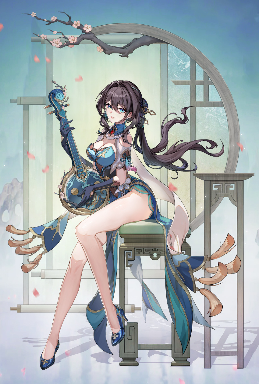 1girl absurdres black_gloves blue_eyes blue_footwear breasts brown_hair cherry_blossoms chinese_clothes cleavage dress earrings falling_petals gloves green_dress hair_bun high_heels highres holding holding_instrument honkai:_star_rail honkai_(series) instrument jewelry large_breasts long_hair looking_at_viewer necklace pearl_earrings pearl_necklace pelvic_curtain petals ruan ruan_mei_(honkai:_star_rail) sitting solo yaoran_shuangtian