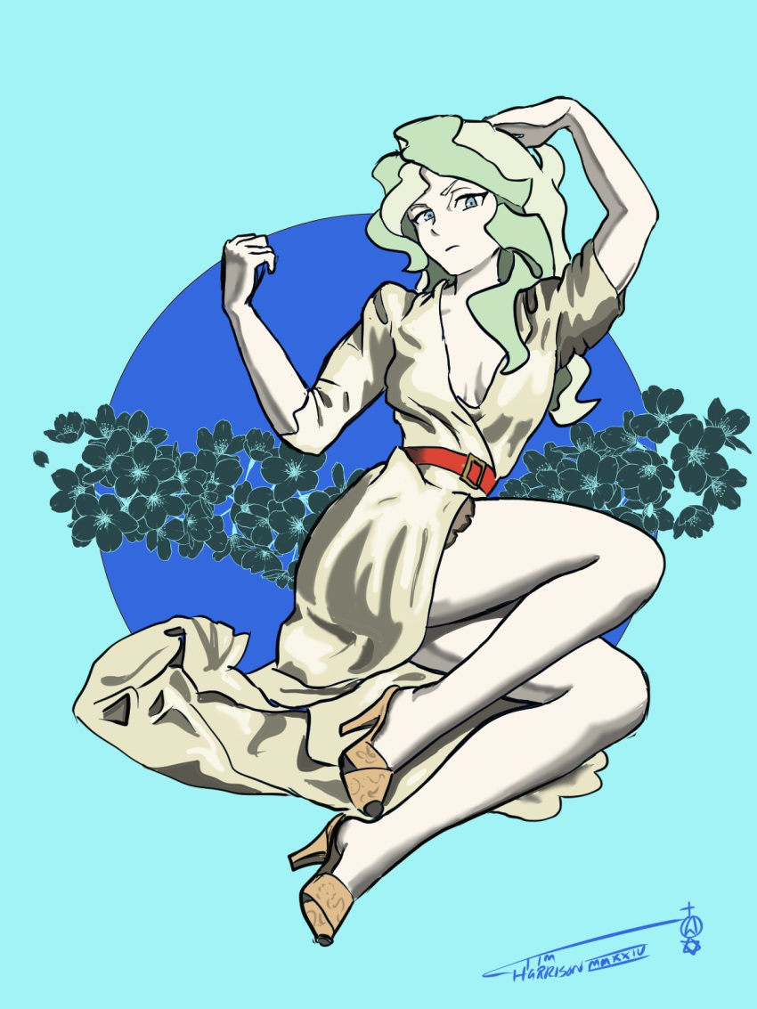 1girl belt blonde_hair blue_background blue_eyes commentary diana_cavendish dress english_commentary floral_background full_body hand_in_own_hair high_heels highres ironsiderodger little_witch_academia long_hair looking_at_viewer red_belt signature solo white_dress yellow_footwear