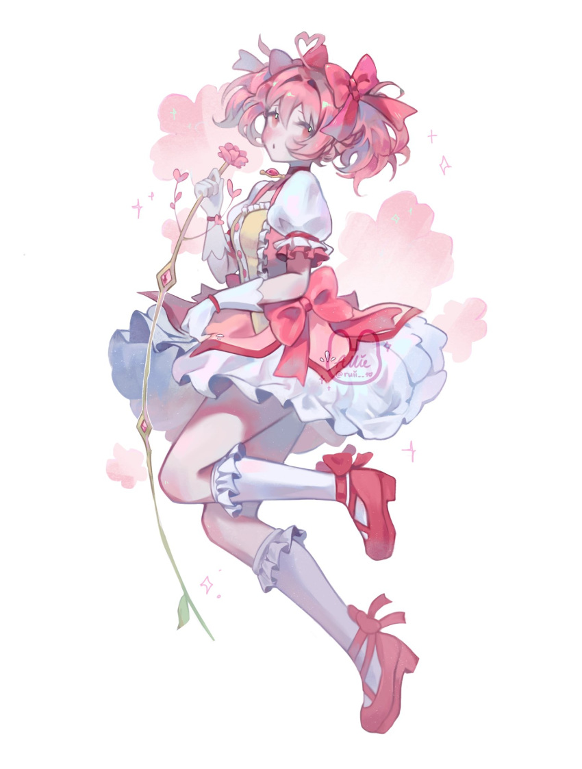 1girl :o ahoge allie_(ruii_10) dress floating flower frilled_socks frills from_side full_body gloves hair_between_eyes hair_intakes heart heart_ahoge high_heels highres holding holding_flower kaname_madoka kneehighs knees_together_feet_apart looking_at_viewer mahou_shoujo_madoka_magica miniskirt open_mouth pink_eyes pink_flower pink_hair pleated_skirt puffy_short_sleeves puffy_sleeves red_dress red_footwear short_hair short_sleeves short_twintails sideways_glance signature simple_background skirt sleeveless sleeveless_dress socks solo twintails watermark white_background white_gloves white_skirt white_socks