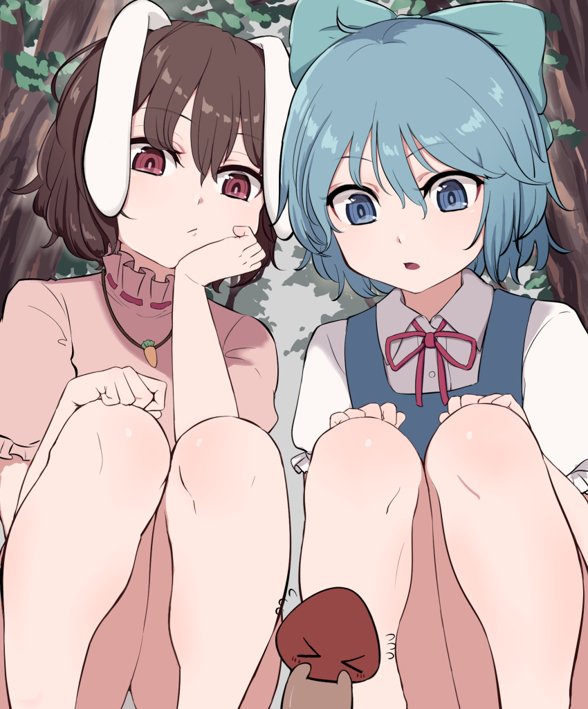 &gt;_&lt; 2girls :/ animal_ears bangs blue_bow blue_dress blue_eyes blue_hair bow brown_hair bunny_ears carrot_necklace chin_rest cirno commentary dress eyebrows_visible_through_hair floppy_ears flying_sweatdrops hair_between_eyes hair_bow hand_on_own_knee highres inaba_tewi marsen multiple_girls mushroom neck_ribbon open_mouth outdoors panties pantyshot pinafore_dress puffy_short_sleeves puffy_sleeves red_ribbon ribbon shirt short_hair short_sleeves squatting symbol_commentary touhou tree underwear white_shirt