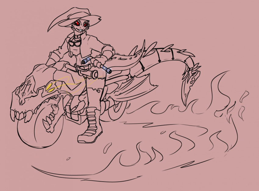 anthro biker breasts clothed clothing eyewear female fire glasses hat headgear headwear hijackerdraws_(artist) holding_object non-mammal_breasts open_mouth open_smile red_eyes reptile riding scalie simple_background smile solo teeth