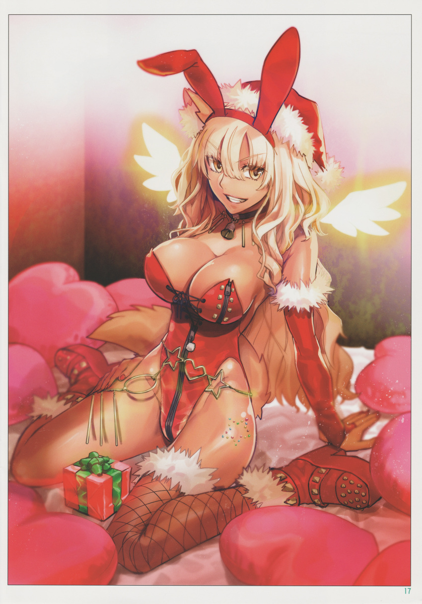 1girl absurdres animal_ear_fluff animal_ears ankle_boots arm_support bare_shoulders bell blonde_hair boots box breasts bridal_gauntlets brown_eyes cleavage fake_animal_ears fate/grand_order fate/grand_order_arcade fate_(series) fishnet_thighhighs fishnets full_body fur_trim gift gift_box hair_ornament hat heart heart-shaped_pillow highleg highleg_leotard highres large_breasts leotard long_hair looking_at_viewer mini_wings neck_bell parted_lips pillow pom_pom_(clothes) red_leotard santa_hat scan shiny_skin single_thighhigh sitting smile solo strapless strapless_leotard suzuka_gozen_(fate) suzuka_gozen_(santa)_(fate) takenoko_seijin tan teeth thighhighs thighs wariza wings