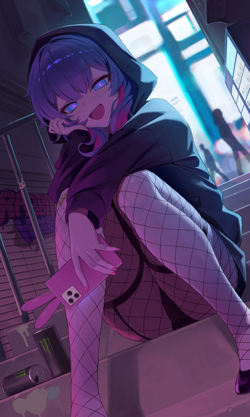 1girl absurdres arm_on_knee black_hoodie black_panties blonde_hair blue_eyes blurry blurry_background cellphone city city_lights copyright_name dkxlek energy_drink feet_out_of_frame fishnet_pantyhose fishnets garter_straps glowing glowing_eyes graffiti hand_on_own_face hatsune_miku highres holding holding_phone hood hood_up hoodie mask medium_hair monster_energy mouth_mask night open_mouth panties pantyhose phone pink_hair pink_nails pink_pupils rabbit_hole_(vocaloid) smartphone smile solo_focus stairs surgical_mask thigh_strap underwear unworn_mask vocaloid