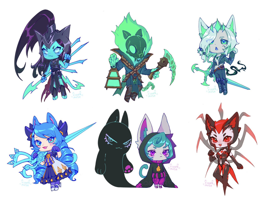 2boys 4girls :d animal_ears arthropod_limbs black_gloves black_hair black_hoodie black_thighhighs blush cat_boy cat_ears cat_girl cat_tail drill_hair elbow_gloves elise_(league_of_legends) fang full_body gloves green_hair grey_hair gwen_(league_of_legends) hand_up highres holding holding_lamp holding_polearm holding_scythe holding_weapon hood hood_up hoodie kalista knol_(flowrmosh) league_of_legends long_hair looking_at_viewer medium_hair multiple_boys multiple_girls polearm red_eyes red_hair scythe shoes short_hair simple_background smile spear standing tail thighhighs thresh_(league_of_legends) triangle_mouth twin_drills twintails very_long_hair vex_(league_of_legends) vex_shadow_(league_of_legends) viego_(league_of_legends) weapon white_background white_hair