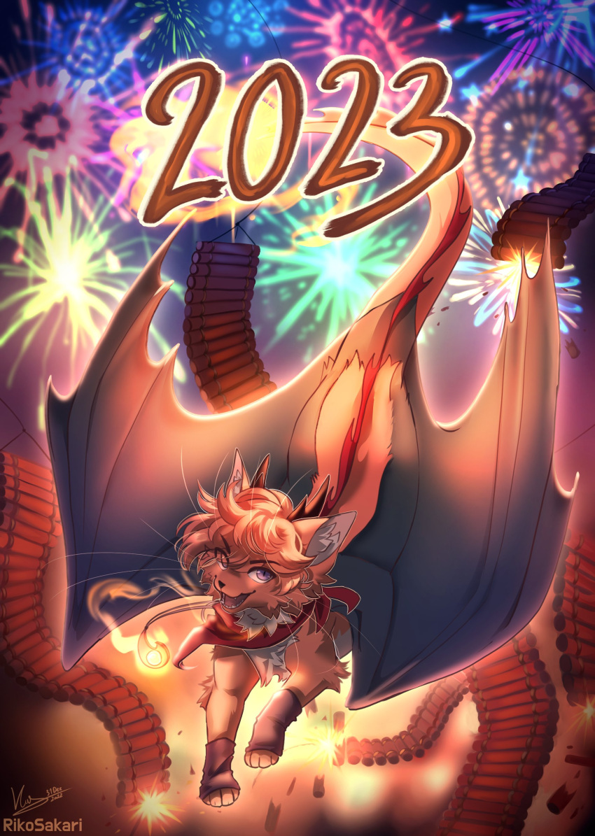 2023 absurd_res dragon eyebrows felid feline feral fireworks fur hair hi_res holidays horn hybrid inner_ear_fluff male mammal membrane_(anatomy) membranous_wings mythological_creature mythological_scalie mythology new_year open_mouth open_smile paws riko_sakari rikosakari scalie smile solo tail tail_tuft tuft whiskers wings