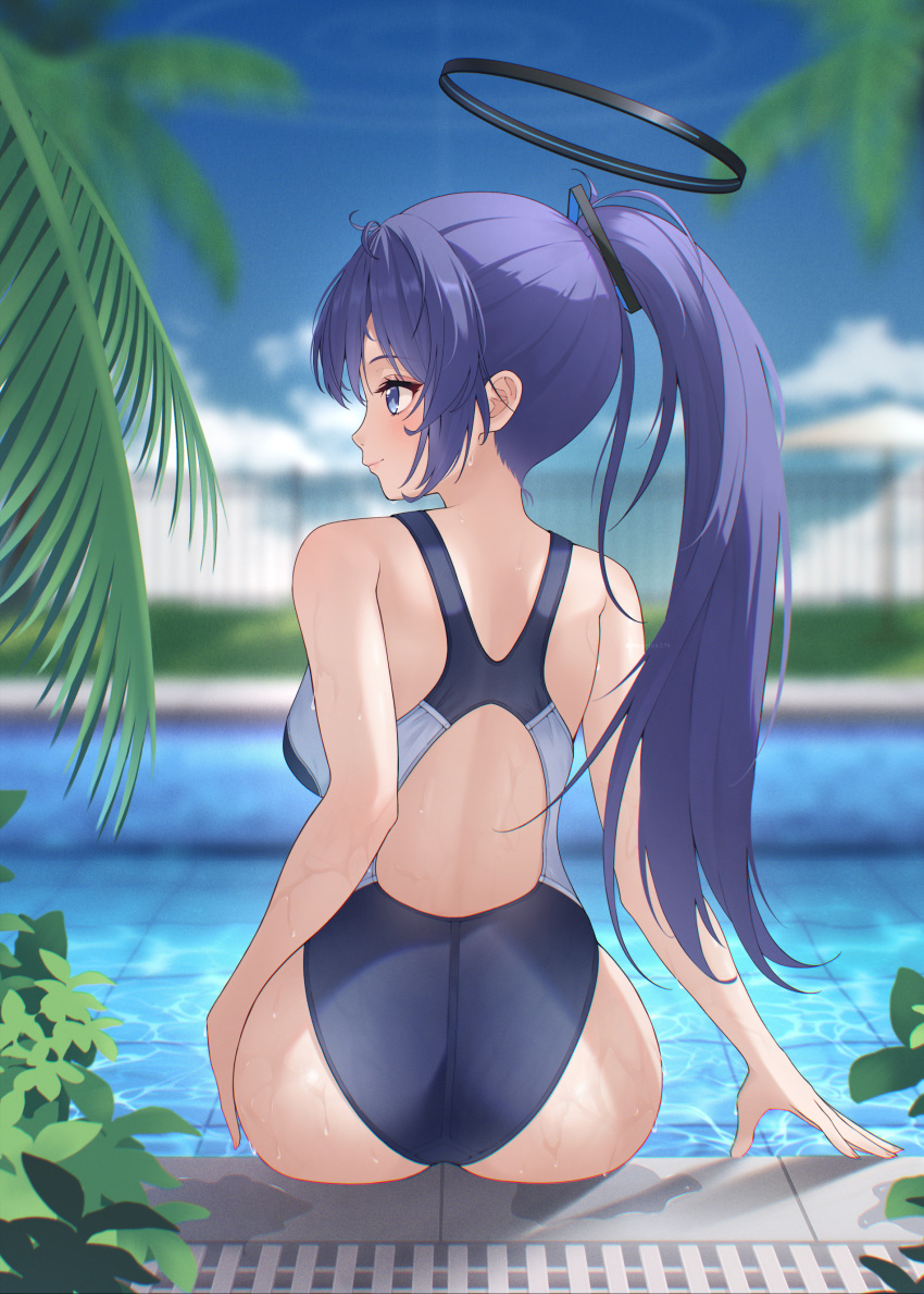 1girl absurdres arms_at_sides ass back bare_arms blue_archive blue_eyes blue_one-piece_swimsuit blue_sky blurry blurry_background blush closed_mouth commentary competition_swimsuit curvy day eyelashes from_behind hair_between_eyes halo highres lips long_hair looking_to_the_side mechanical_halo meyrink nose one-piece_swimsuit outdoors palm_leaf ponytail pool poolside profile purple_hair sitting sky smile solo swimsuit tsurime very_long_hair water wet yuuka_(blue_archive)