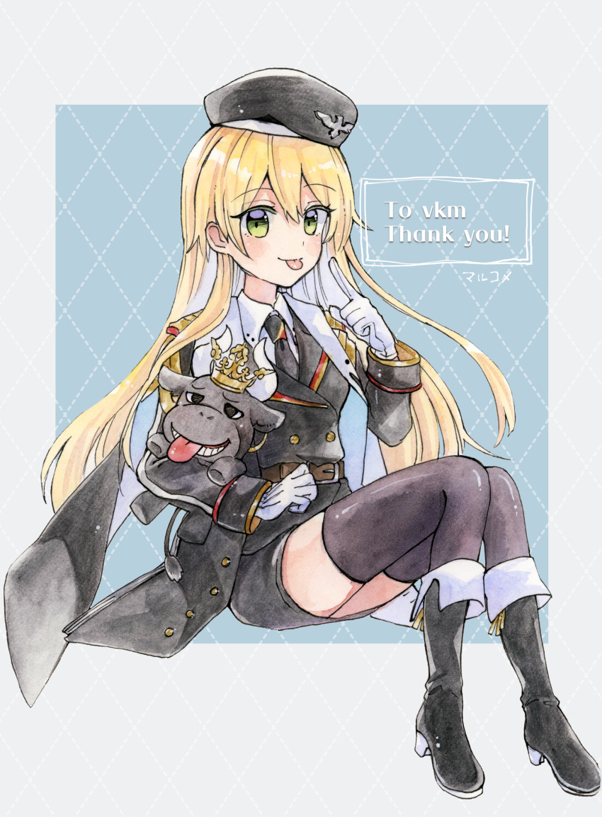 1girl 2zuz4hru belt black_footwear black_thighhighs blonde_hair boots brown_belt commission crown full_body girls'_frontline gloves green_eyes highres holding holding_stuffed_toy long_hair looking_at_viewer military_uniform painting_(medium) pointing simple_background sitting smile stg44_(girls'_frontline) stuffed_animal stuffed_toy thank_you thighhighs tongue tongue_out traditional_media uniform watercolor_(medium) white_gloves