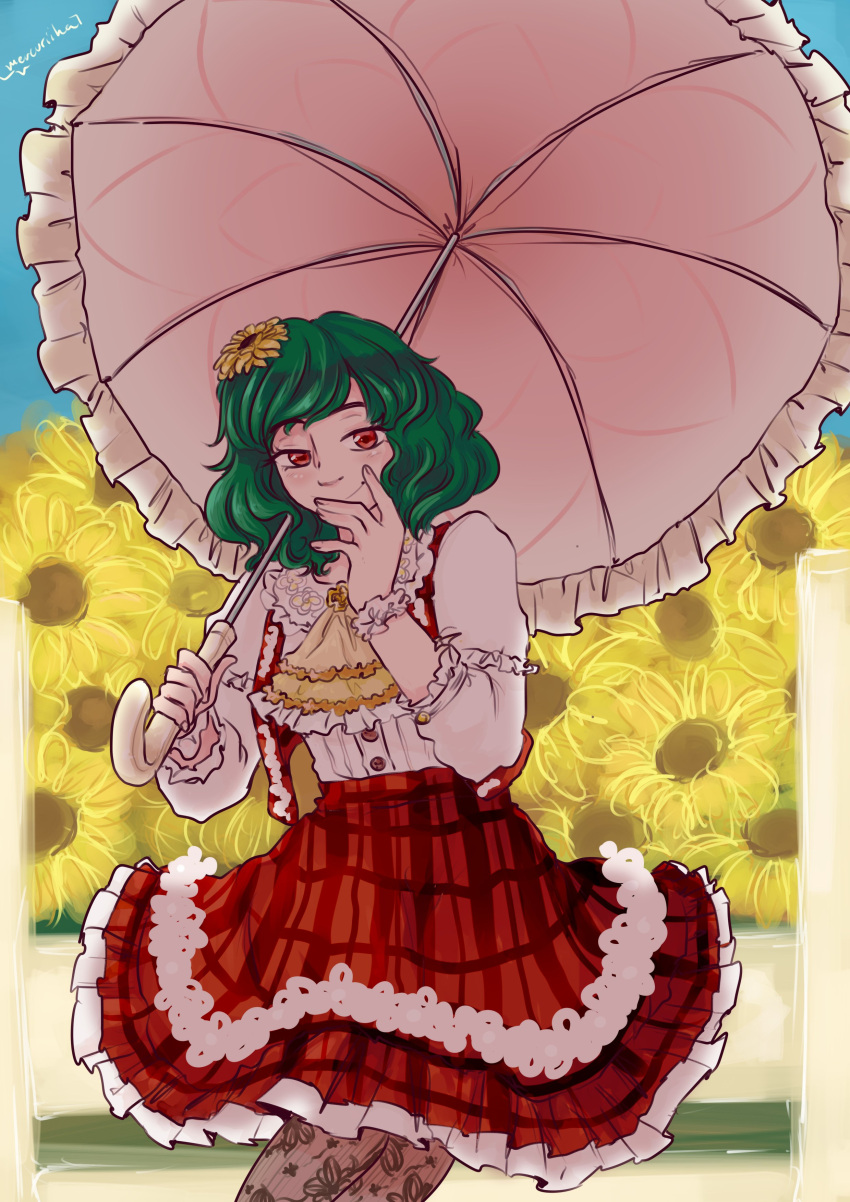 1girl absurdres artist_name ascot cowboy_shot day dress english_commentary fence field fingernails flower flower_field frilled_ascot frilled_cuffs frilled_dress frilled_shirt frilled_shirt_collar frills green_hair hair_flower hair_ornament hand_to_own_mouth highres holding holding_umbrella kazami_yuuka looking_at_viewer mercuriika nose outdoors pantyhose parasol plaid plaid_skirt plaid_vest red_eyes red_skirt red_vest shirt short_hair skirt smile solo sunflower sunflower_field touhou umbrella vest white_shirt wooden_fence wrist_cuffs yellow_ascot