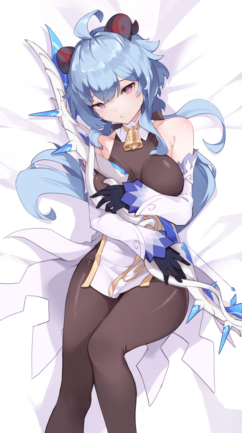 1girl absurdres ahoge bare_shoulders bed bell black_gloves black_pantyhose blue_hair bow_(weapon) breasts detached_sleeves ganyu_(genshin_impact) genshin_impact gloves gold_trim highres holding holding_bow_(weapon) holding_weapon horns long_hair looking_at_viewer lying namiorii neck_bell on_back paid_reward_available pantyhose polar_star_(genshin_impact) sidelocks solo thighs waist_cape weapon white_sleeves