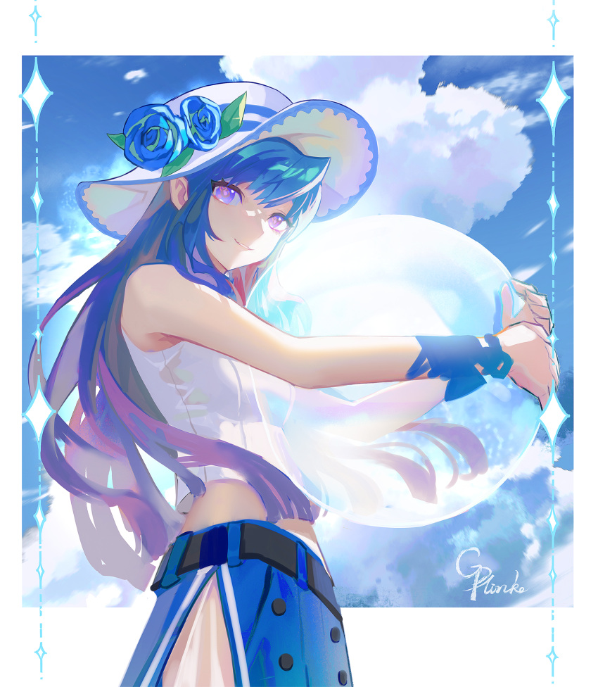 1girl ball bare_shoulders beachball belt black_belt blue_flower blue_hair blue_hat blue_rose blue_skirt border character_request chinese_commentary commentary_request copyright_request cowboy_shot crop_top cropped_shirt flower gradient_hair hat hat_flower heart heart_in_eye highres holding long_hair looking_at_viewer multicolored_hair outside_border parted_lips pink_eyes pink_hair purple_eyes purple_hair rose shirt signature skirt sleeveless sleeveless_shirt smile solo standing symbol_in_eye white_border white_hat white_shirt yinhepongpong