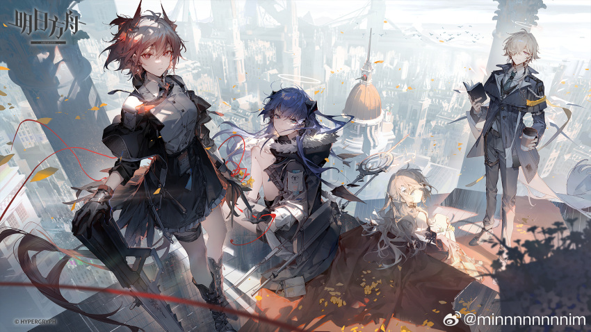 1boy 3girls arknights bird black_footwear black_gloves black_jacket black_skirt blue_eyes blue_hair book boots bridge building cecelia_(arknights) chinese_commentary closed_mouth coffee_cup company_name copyright_name cup demon_horns disposable_cup dome dress enforcer_(arknights) fiammetta_(arknights) fur_trim gloves grey_hair hair_over_one_eye halo highres holding holding_book horns jacket logo long_hair long_sleeves looking_at_viewer looking_back min_(120716) mostima_(arknights) multiple_girls necktie on_roof open_clothes outdoors pants red_eyes red_hair rooftop shirt short_hair sitting skirt smile standing tail thigh_strap weapon weibo_logo weibo_username white_shirt