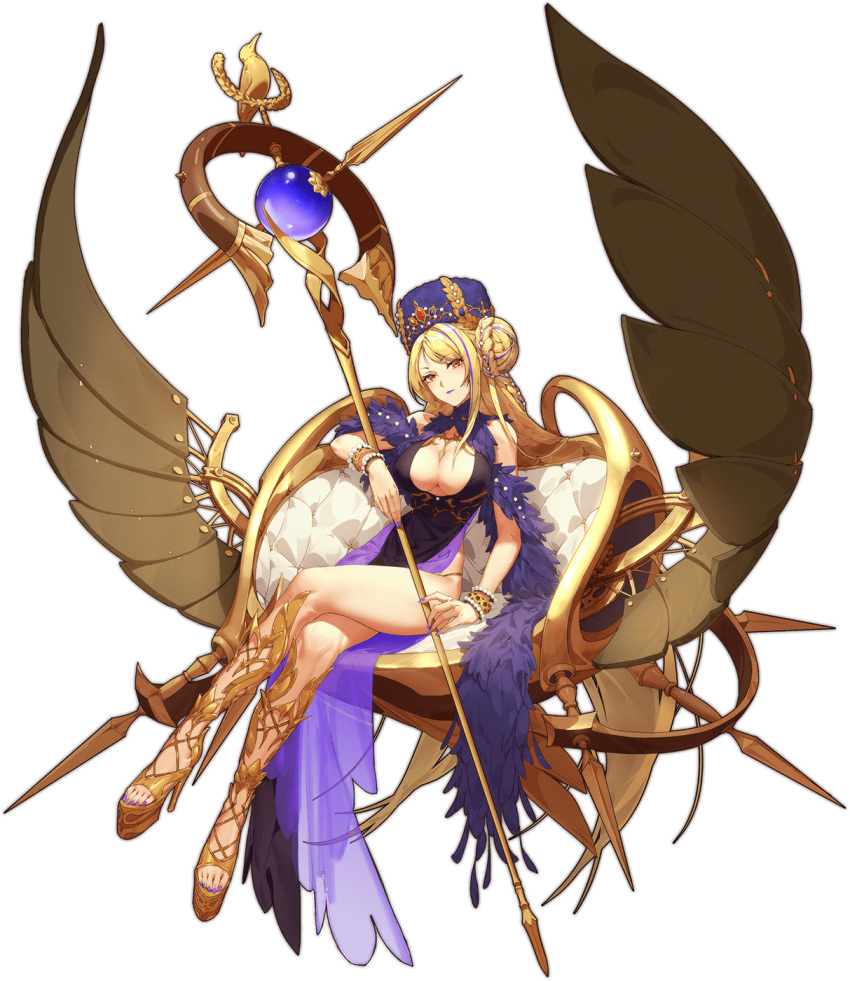 1girl ark_order artist_request bare_shoulders blonde_hair blue_gemstone boots bracelet braid braided_bun breasts center_opening cleavage_cutout clothing_cutout couch crossed_legs crown dress feather_boa feathers floating full_body gem gold_bracelet gold_footwear hair_bun hat head_tilt hera_(ark_order) high_heels highres holding holding_staff jewelry knee_boots large_breasts long_hair looking_at_viewer mechanical_wings mole mole_under_eye multicolored_hair nail_polish official_art one_side_up pearl_bracelet pearl_hair_ornament pelvic_curtain platform_footwear purple_dress purple_feathers purple_hair purple_hat purple_lips purple_nails purple_shawl sandals shawl sideless_outfit sidelocks sitting sleeveless sleeveless_dress solo sparkle staff streaked_hair tachi-e throne toenail_polish toenails toes transparent_background very_long_hair wings yellow_eyes