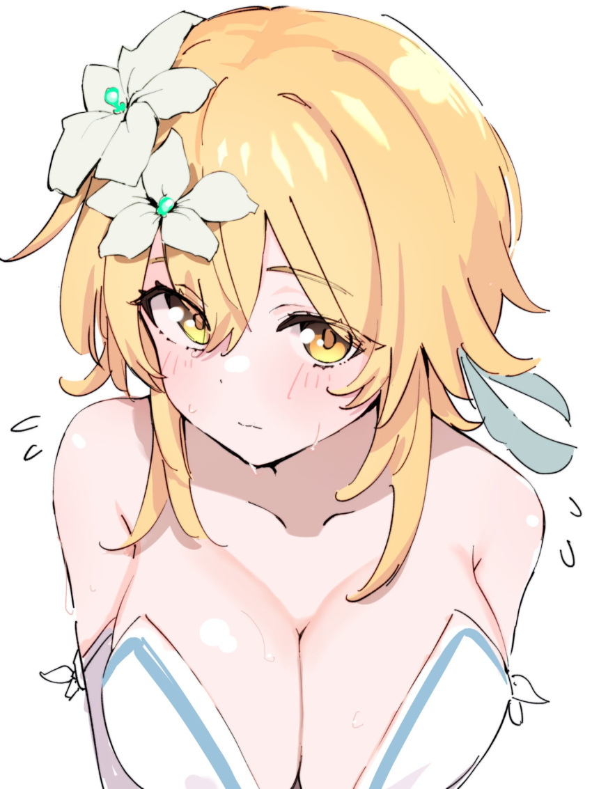 1girl bare_shoulders blonde_hair blush breasts cleavage closed_mouth collarbone commentary_request dress flower flying_sweatdrops food_on_body genshin_impact hair_between_eyes hair_flower hair_ornament highres large_breasts looking_at_viewer lumine_(genshin_impact) short_hair short_hair_with_long_locks simple_background solo ukitaryu upper_body white_background white_dress white_flower yellow_eyes