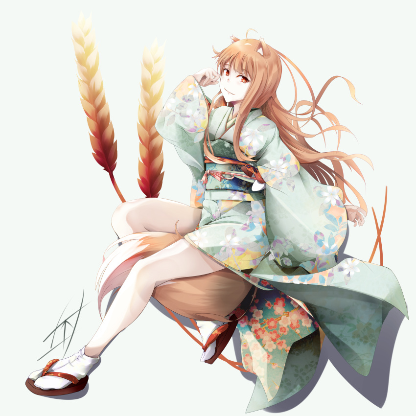 1girl absurdres animal_ears brown_hair closed_mouth floral_print fudo_shin full_body gradient_background green_background green_kimono green_sash hand_up highres holo invisible_chair japanese_clothes kimono legs long_hair long_sleeves looking_at_viewer obi print_kimono red_eyes sandals sash signature sitting socks solo spice_and_wolf tabi tail thighs wheat white_socks wide_sleeves wolf_ears wolf_girl wolf_tail