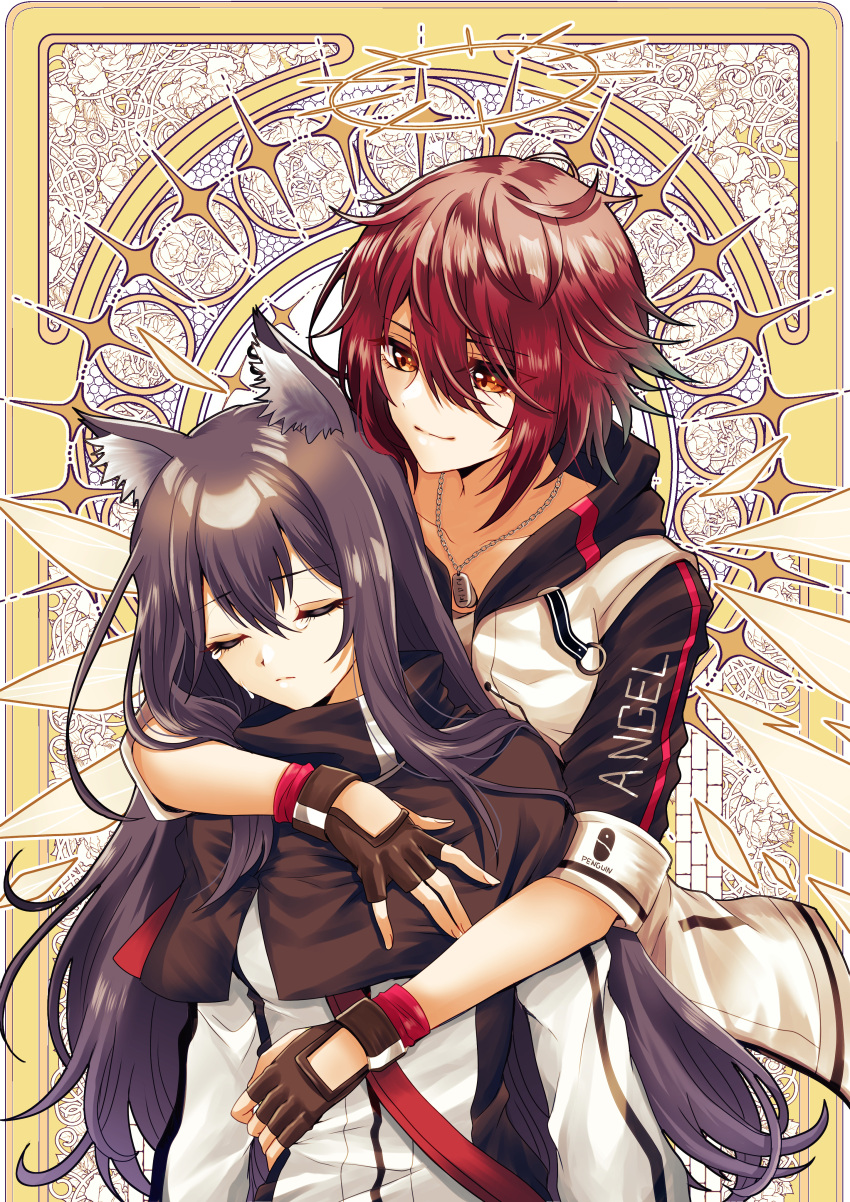 2girls absurdres animal_ears arknights black_gloves black_hair chiwa_(chiwawanwan1206) closed_eyes collarbone commentary_request english_text exusiai_(arknights) fingerless_gloves gloves highres hug hug_from_behind messy_hair multiple_girls pale_skin red_eyes red_hair tears texas_(arknights) wolf_ears yellow_background yuri