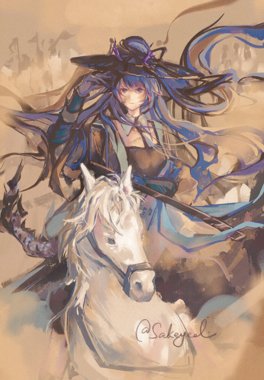 1girl animal arknights arm_up arm_wrap artist_name black_hat blue_hair chinese_commentary closed_mouth commentary_request expressionless floating_hair hat highres holding holding_sheath horns horns_through_headwear horse horseback_riding jingasa ling_(arknights) long_hair looking_ahead purple_eyes purple_horns riding sakeyed scabbard sheath signature solo very_long_hair white_horse wind