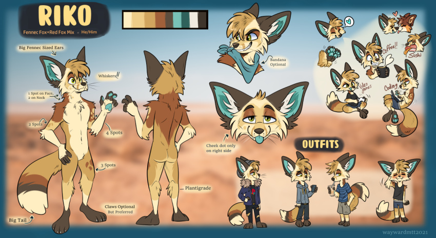 anthro beverage blue_tongue bottomwear brown_body brown_fur canid canine clothing coffee dipstick_tail electronics fennec_fox fox fur heart_symbol inner_ear_fluff kerchief male mammal markings model_sheet neckerchief noses_touching phone red_fox riko_(kilometers) shirt shorts solo tail tail_markings tan_body tan_fur tank_top text tongue topwear true_fox tuft waywardmutt whiskers