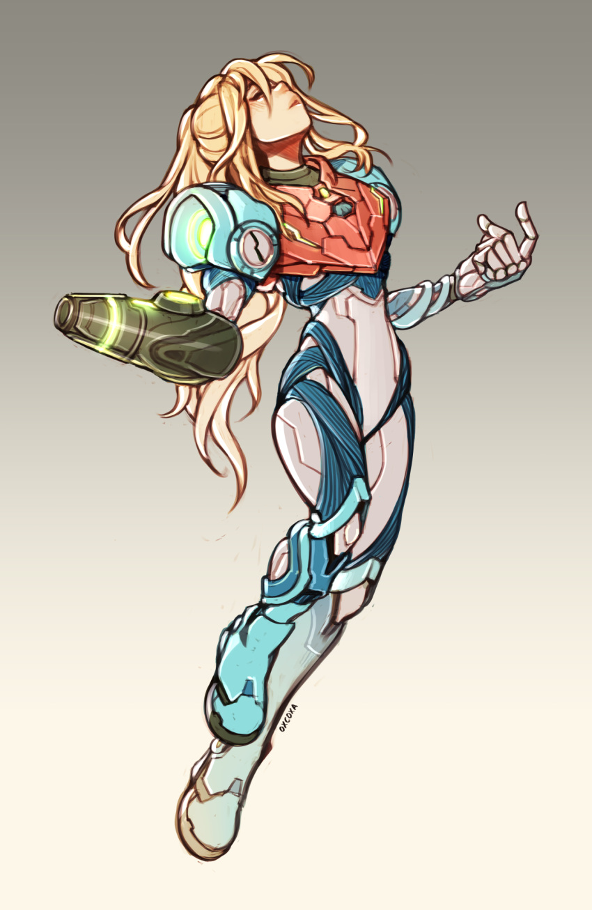 1girl arm_cannon armor blonde_hair full_body glowing highres long_hair metroid metroid_dread oxcoxa ponytail power_armor power_suit power_suit_(metroid) samus_aran science_fiction sidelocks simple_background solo weapon white_background