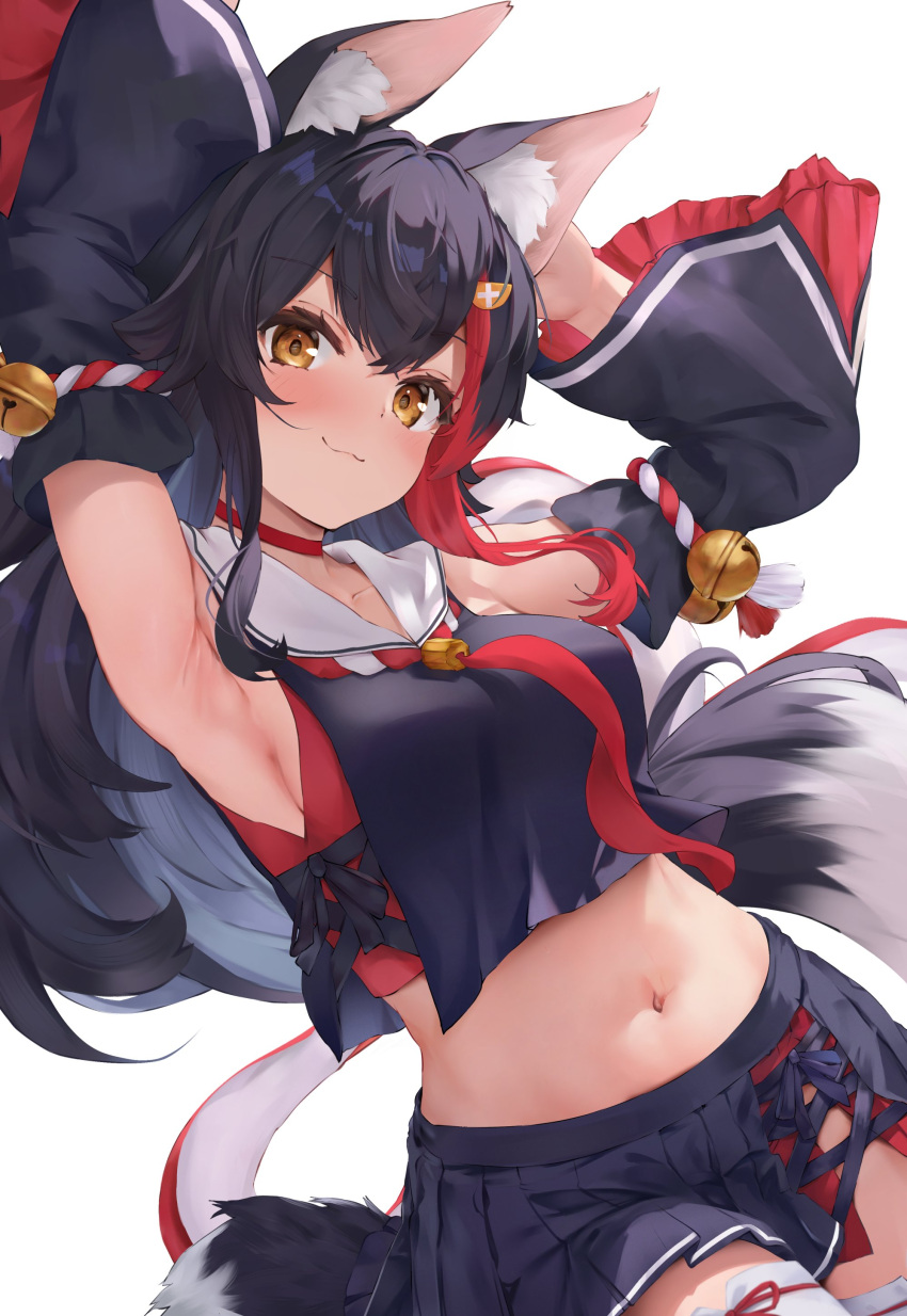 1girl :3 absurdres animal_ear_fluff animal_ears armpits arms_up bell black_hair black_shirt black_skirt blush brown_eyes detached_sleeves hair_ornament hairpin hashtag-only_commentary highres hololive kouhaku_nawa looking_at_viewer midriff multicolored_hair navel neckerchief ookami_mio ookami_mio_(1st_costume) red_hair red_neckerchief rope sailor_collar shimenawa shirt skirt solo stomach streaked_hair tail uechin_ewokaku upper_body virtual_youtuber white_sailor_collar wolf_ears wolf_girl wolf_tail
