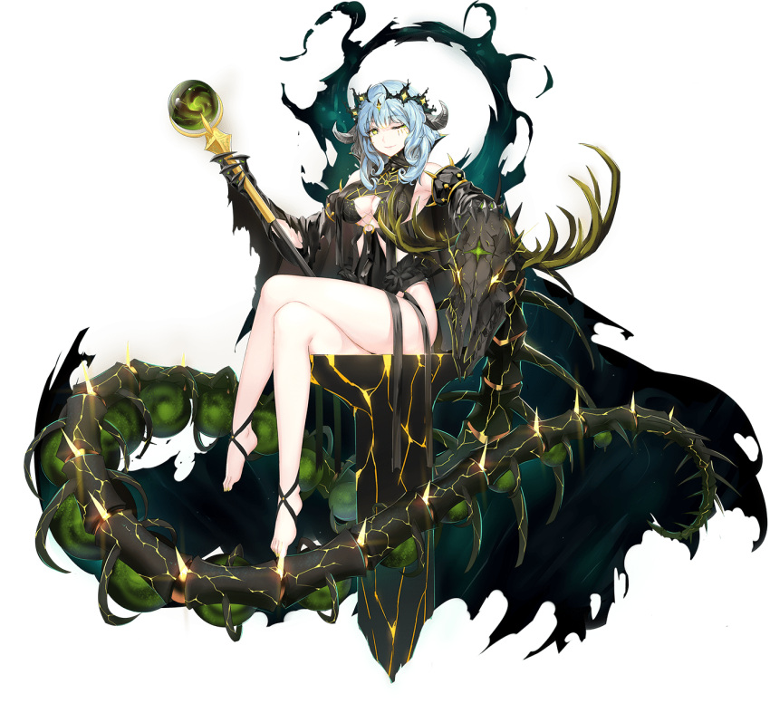 1girl ankle_ribbon antlers ark_order balor_(ark_order) bare_legs bare_shoulders barefoot black_dress black_gloves black_ribbon blue_hair bone breasts closed_mouth clothing_cutout crown darkness deer_skull detached_sleeves dress feet floating floating_object full_body gauntlets glint gloves highres holding holding_staff horns hourai_no_hangentsuki leg_ribbon long_sleeves medium_breasts medium_hair monster no_panties o-ring official_art one_eye_closed pale_skin plantar_flexion ribbon sidelocks sitting skeleton smile solo staff tachi-e throne transparent_background underboob_cutout wide_sleeves yellow_eyes