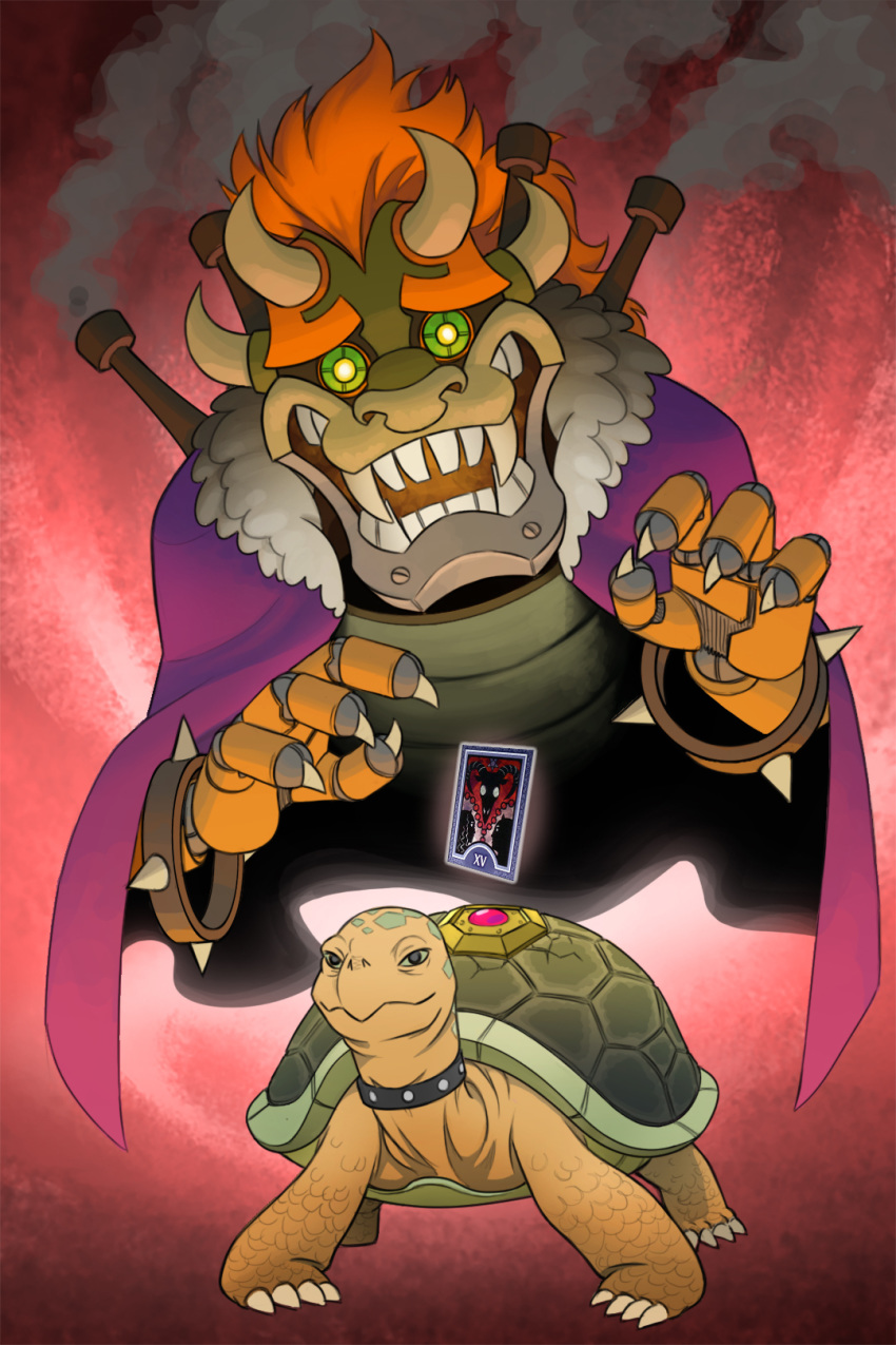 bow bowser cape card collar commission english_commentary gem guilhermerm highres karakuri looking_at_viewer mario_(series) no_humans persona purple_cape red_background spiked_collar spikes tarot the_devil turtle