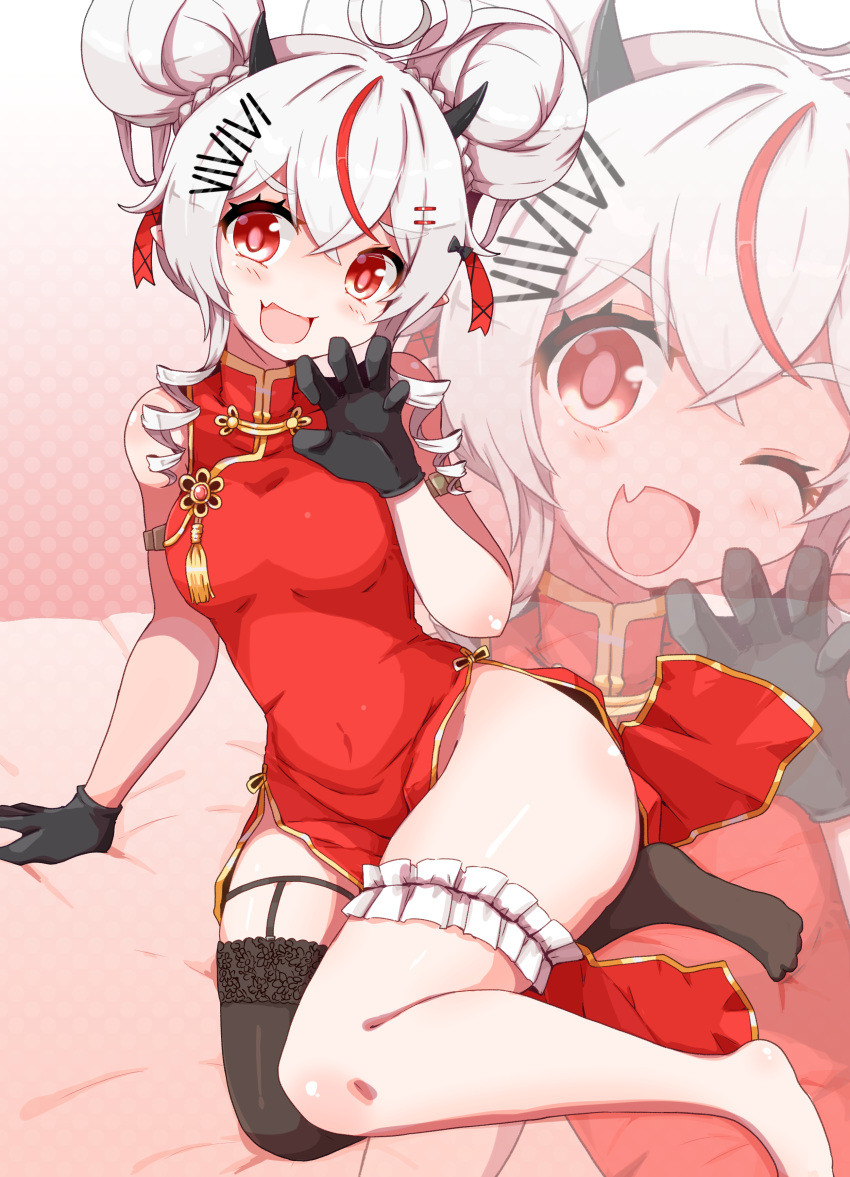 absurdres ahoge angel angel_girl arm_belt bare_legs bare_shoulders blush breasts china_dress chinese_clothes demon demon_girl demon_horns double_bun dress garter_straps gloves hair_bun hair_ornament hairclip highres horns knkhnp nephilim_(species) phase_connect red_dress red_eyes red_streak remilia_nephys small_breasts thick_thighs thighhighs thighs tight_clothes tight_dress white_hair wide_hips