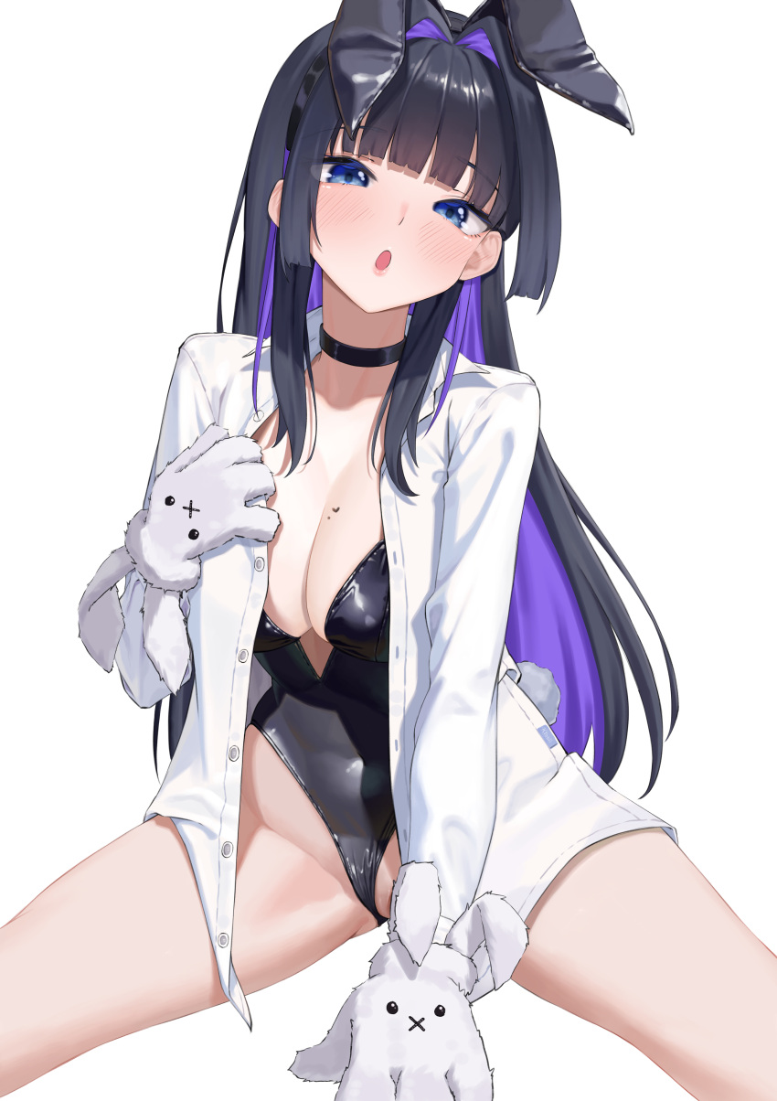 1girl absurdres animal_ears animal_hands arm_between_legs bangom_r black_choker black_leotard blue_eyes blue_hair blunt_bangs blunt_ends blush breasts chest_tattoo choker cleavage collared_shirt colored_inner_hair dress_shirt ear_blush fake_animal_ears gloves grey_gloves hair_intakes heart heart_tattoo highleg highleg_leotard highres hime_cut hololive hololive_english knees_out_of_frame large_breasts leotard long_hair looking_at_viewer multicolored_hair open_clothes open_mouth open_shirt ouro_kronii paw_gloves playboy_bunny purple_hair rabbit_ears rabbit_tail shirt simple_background sitting solo spread_legs tail tattoo thighs virtual_youtuber white_background white_shirt
