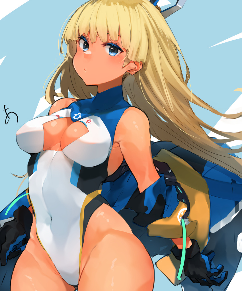 1girl alice_gear_aegis araime_yasuri bare_shoulders blonde_hair blue_eyes blunt_bangs blush breasts cleavage_cutout clothing_cutout covered_navel dark-skinned_female dark_skin gloves groin highleg highleg_leotard highleg_swimsuit highres jacket leotard long_hair looking_at_viewer medium_breasts open_mouth solo sunday_aki swimsuit white_leotard