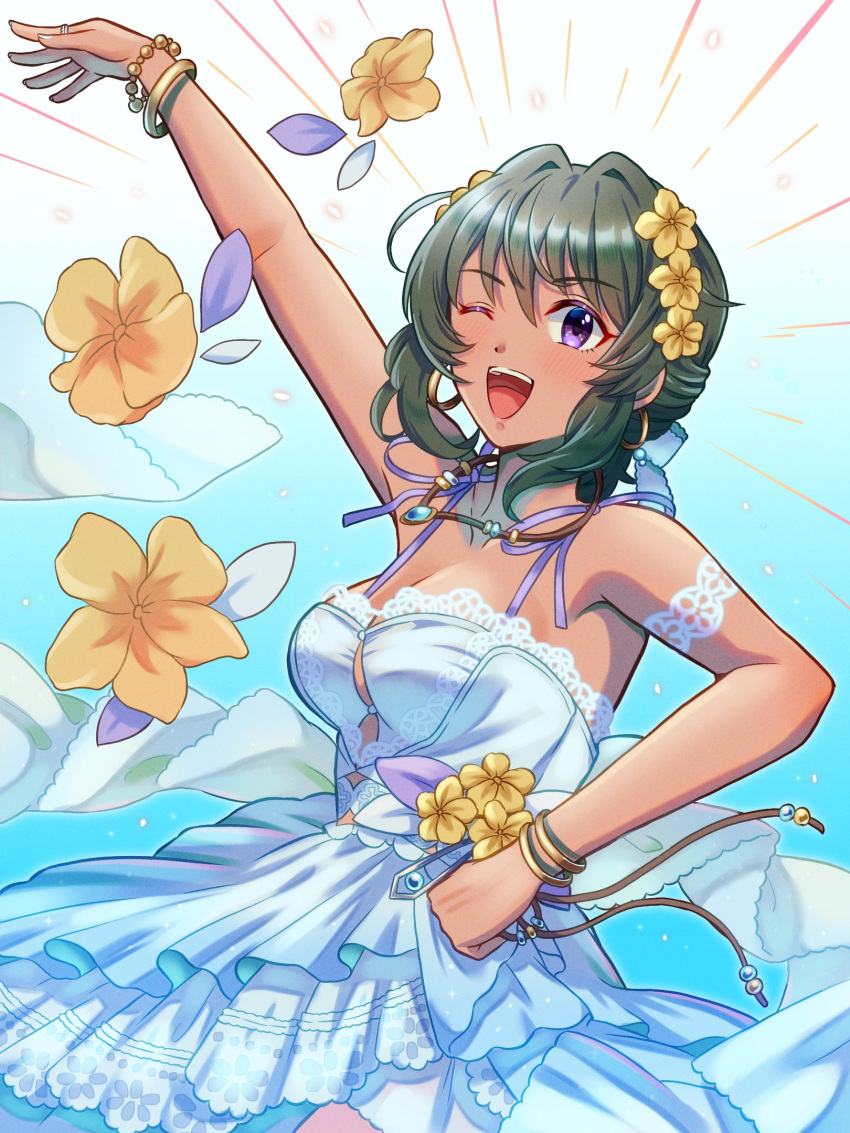 1girl :d bare_shoulders blue_dress blush braceless breasts ch1emon_i collarbone dark-skinned_female dark_skin dress flower green_hair hair_flower hair_ornament hand_on_own_hip highres idolmaster idolmaster_cinderella_girls large_breasts looking_at_viewer natalia_(idolmaster) one_eye_closed purple_eyes short_hair sleeveless sleeveless_dress smile solo
